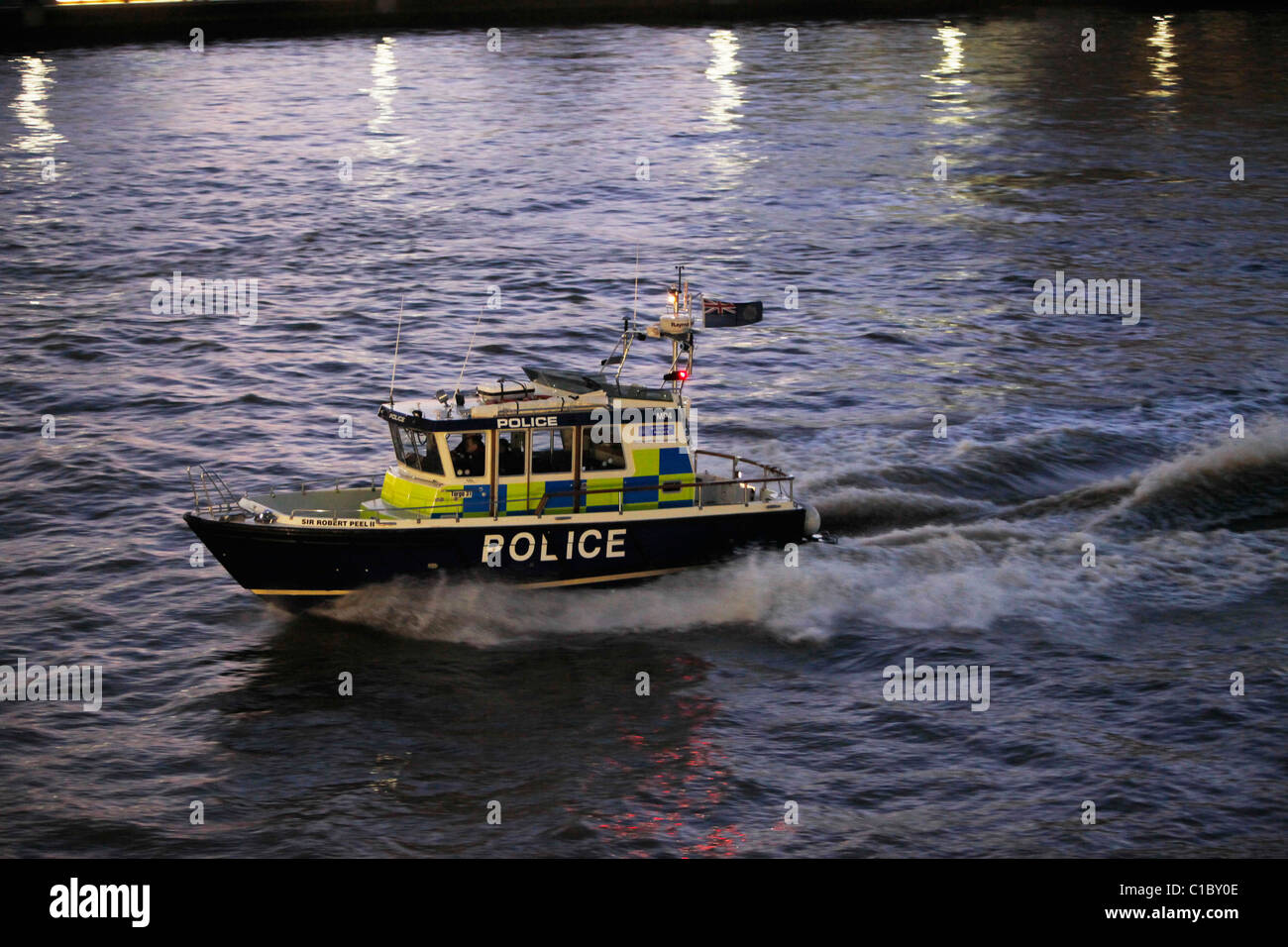 River Police boat patrolling on the Thames in London. The Marine Police Force, sometimes known as the Thames River Police. Stock Photo