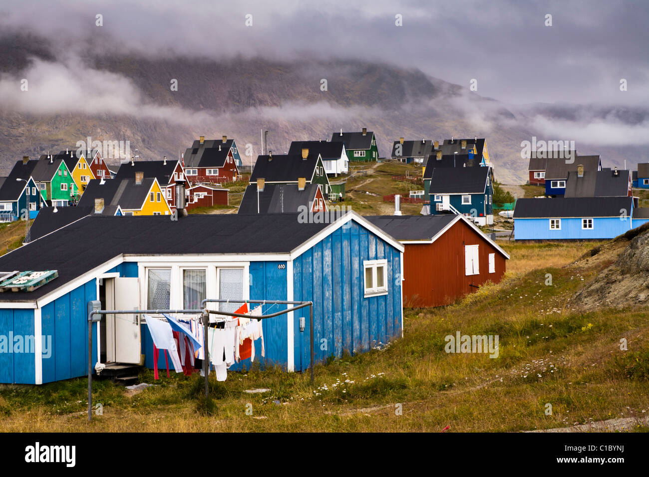 Houses in Narsaq, South Greenland. Stock Photo