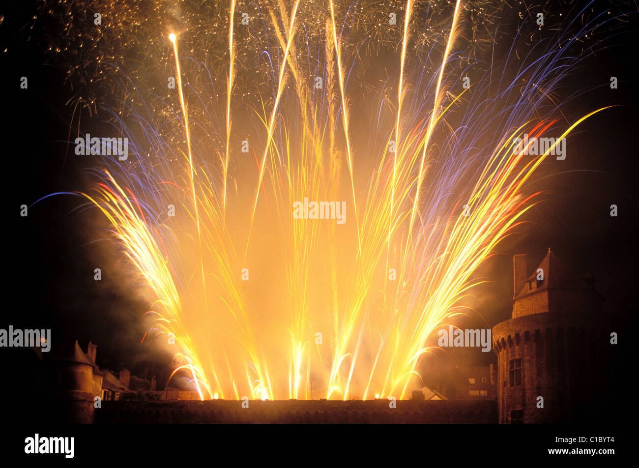 France, Morbihan, Vannes, fireworks celebrating the end of the Fetes d' Arvor (Arvor traditional festival) Stock Photo