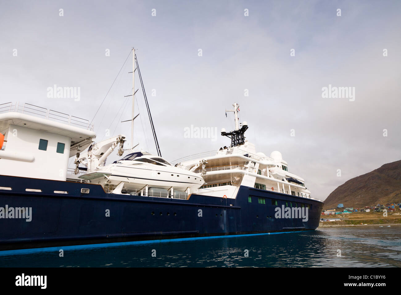 Luxury private yacht Le Grand Bleu in the fjord outside Narsaq, South Greenland Stock Photo