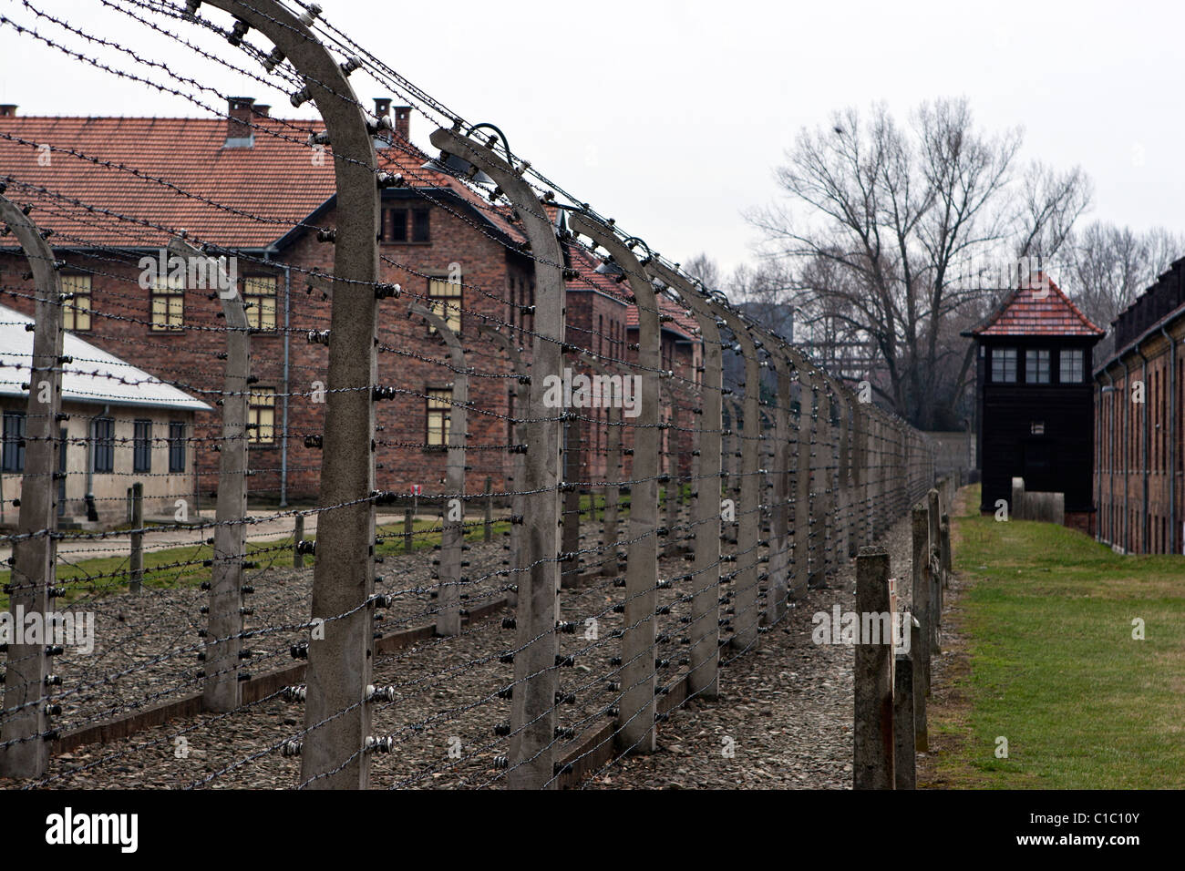 Guard Tower  & fence Auschwitz-Birkenau concentration camp, Poland. Stock Photo