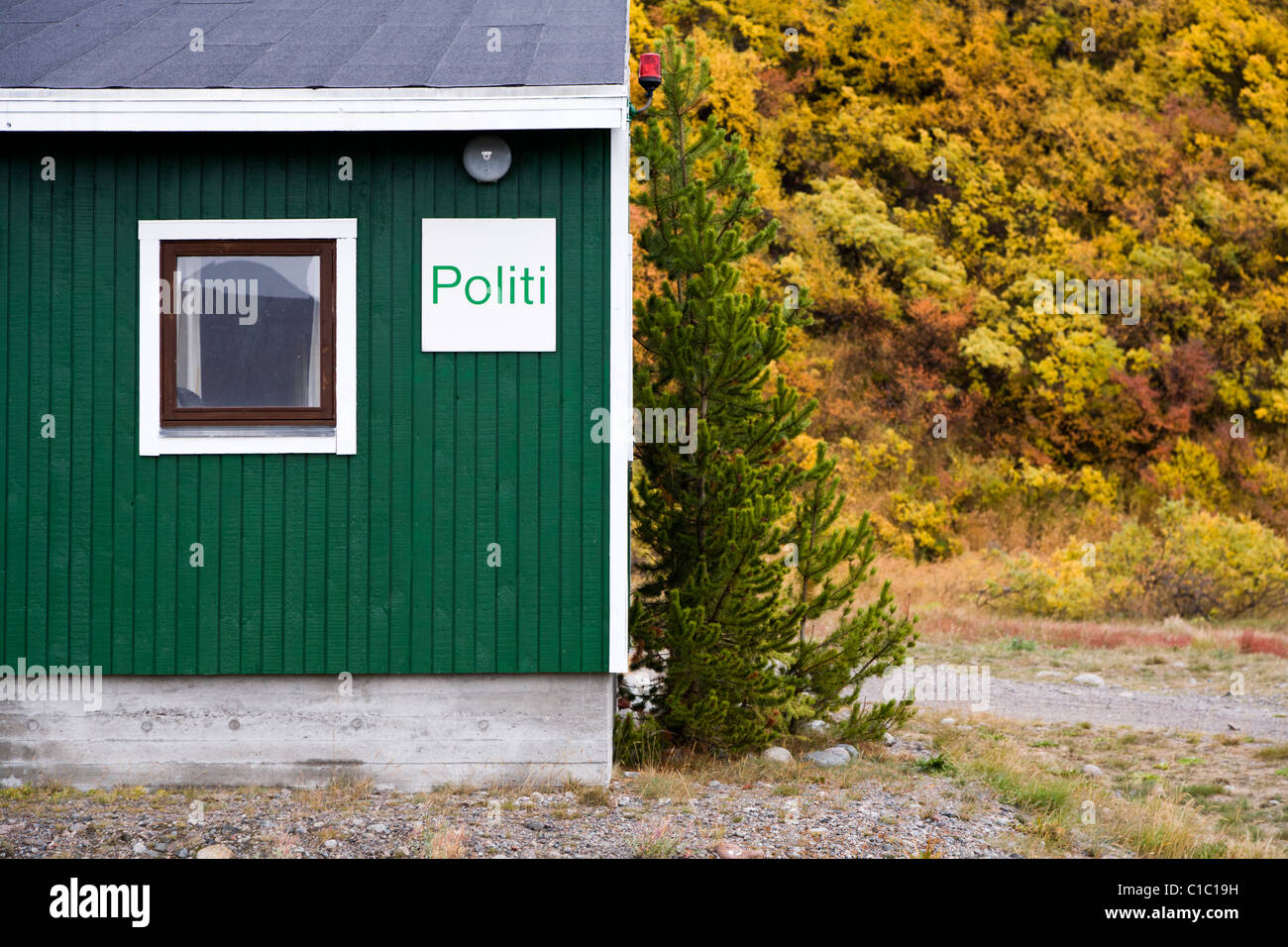 The local police station surrounded by autumn colors, Narsarsuaq, South Greenland Stock Photo