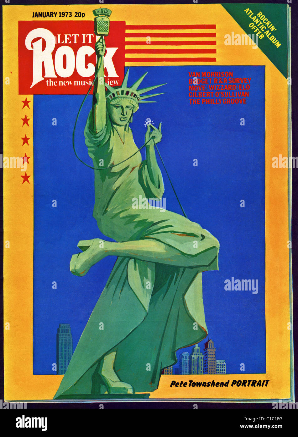 Cover of LET IT ROCK magazine from January 1973 featuring illustration of the Statue of Liberty Stock Photo