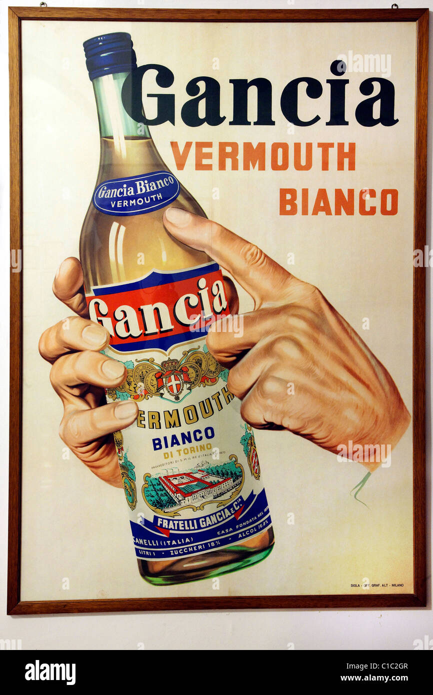 Gancia underground wine cathedral in Canelli, vintage advertisment poster of the company,  Asti, Piedmont, Italy Stock Photo