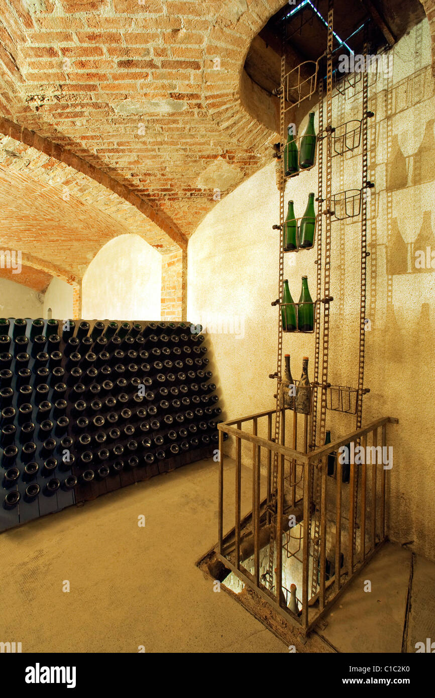 Bosca underground wine cathedral in Canelli, ancient bottle elevator