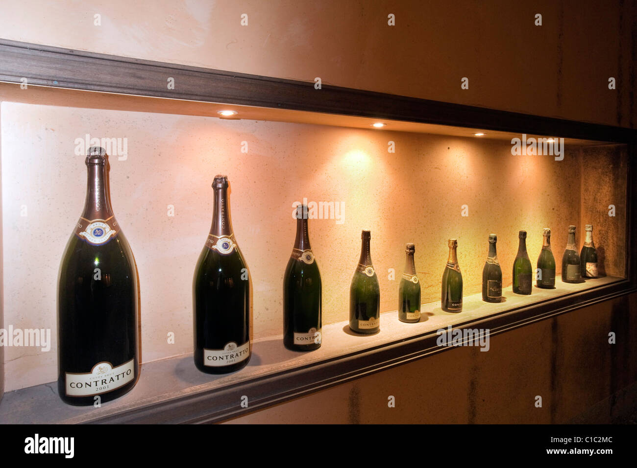 Contratto underground wine cathedral in Canelli,a collection of vintage bottles, Asti, Piedmont, Italy, Europe Stock Photo