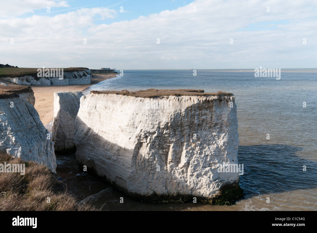 A chalk stack on the Kent coast at the North Foreland between the blue