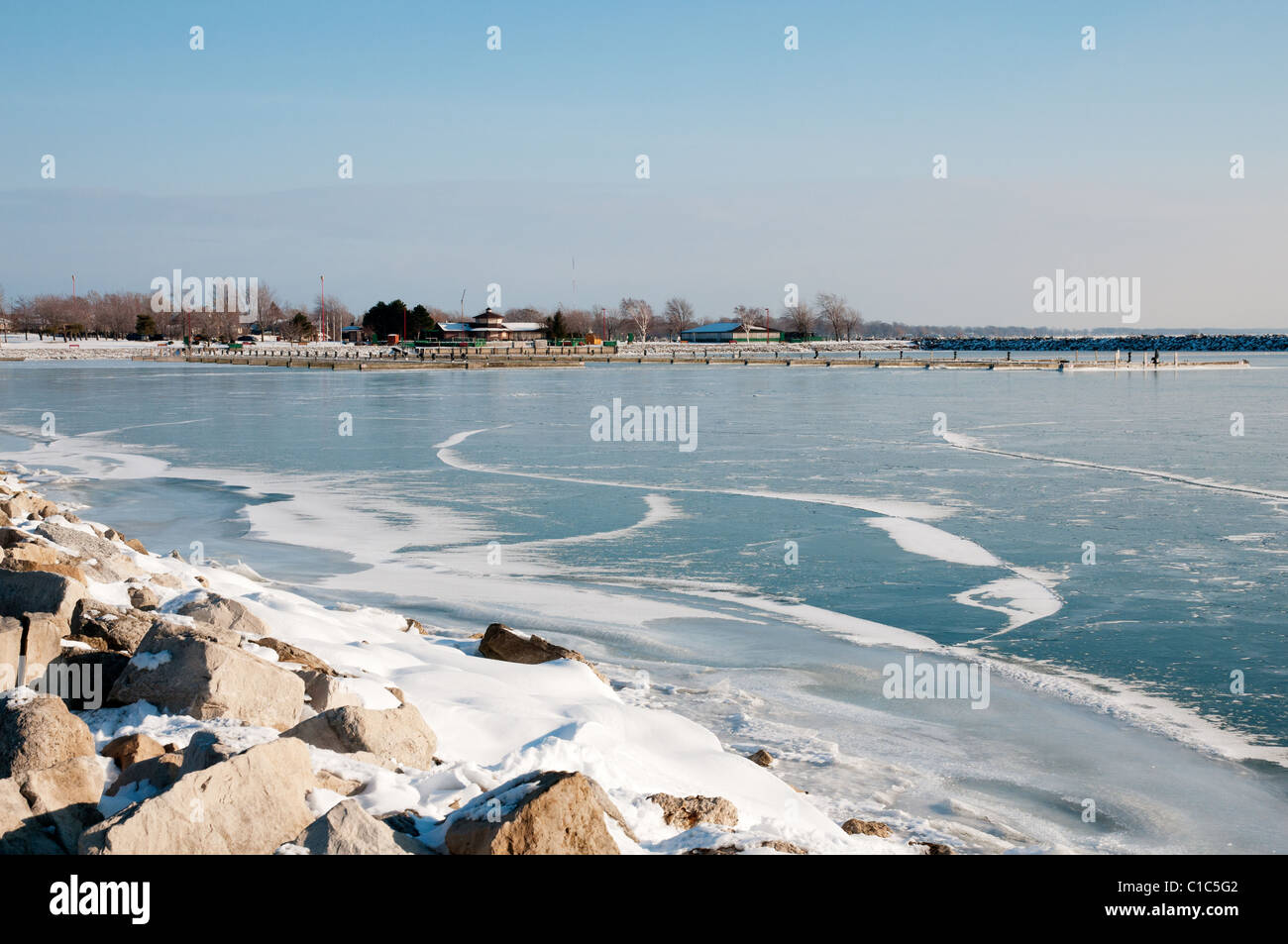 The icy shore of Lake Erie in Leamington, Ontario. Stock Photo