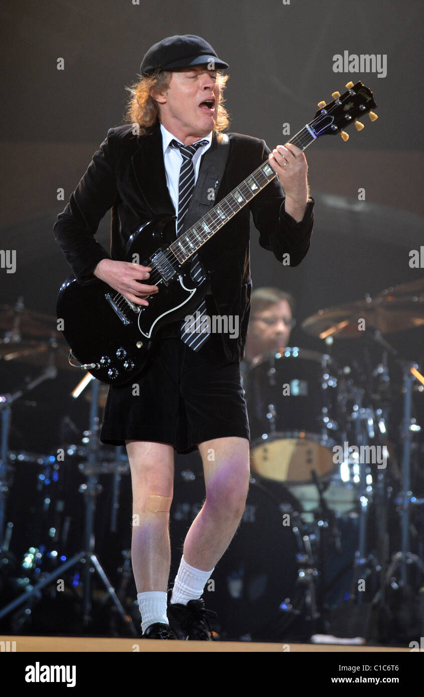 Angus Young AC DC performing live at the O2 Arena London, England -  14.04.09 Stock Photo - Alamy