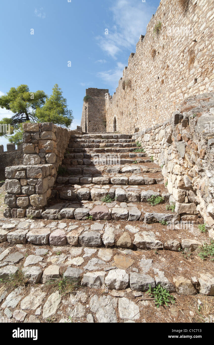 Ancient stone steps in the castle above Nafpaktos still convey tourists ...