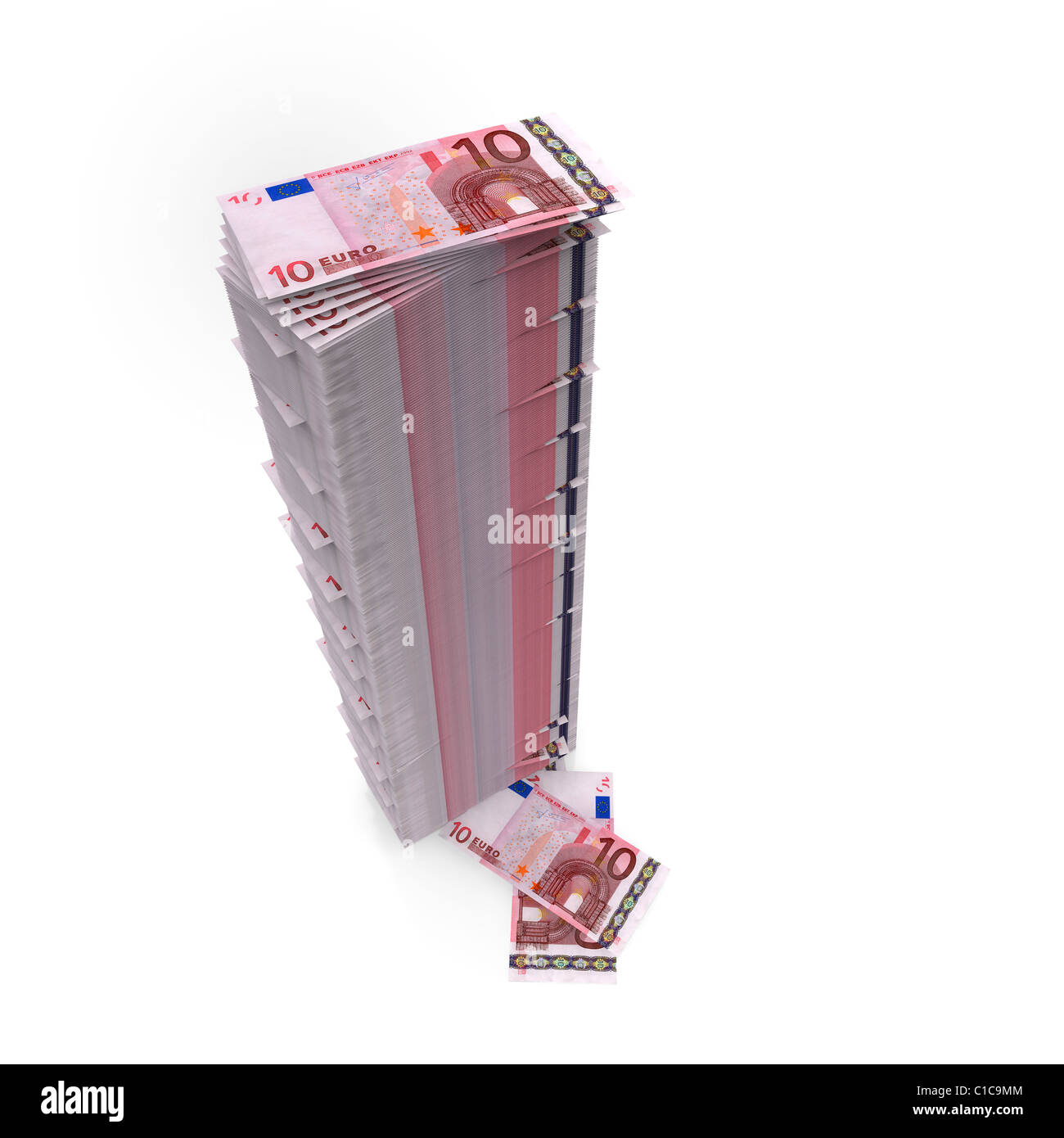 Tall stack of Ten Euro notes on white Stock Photo