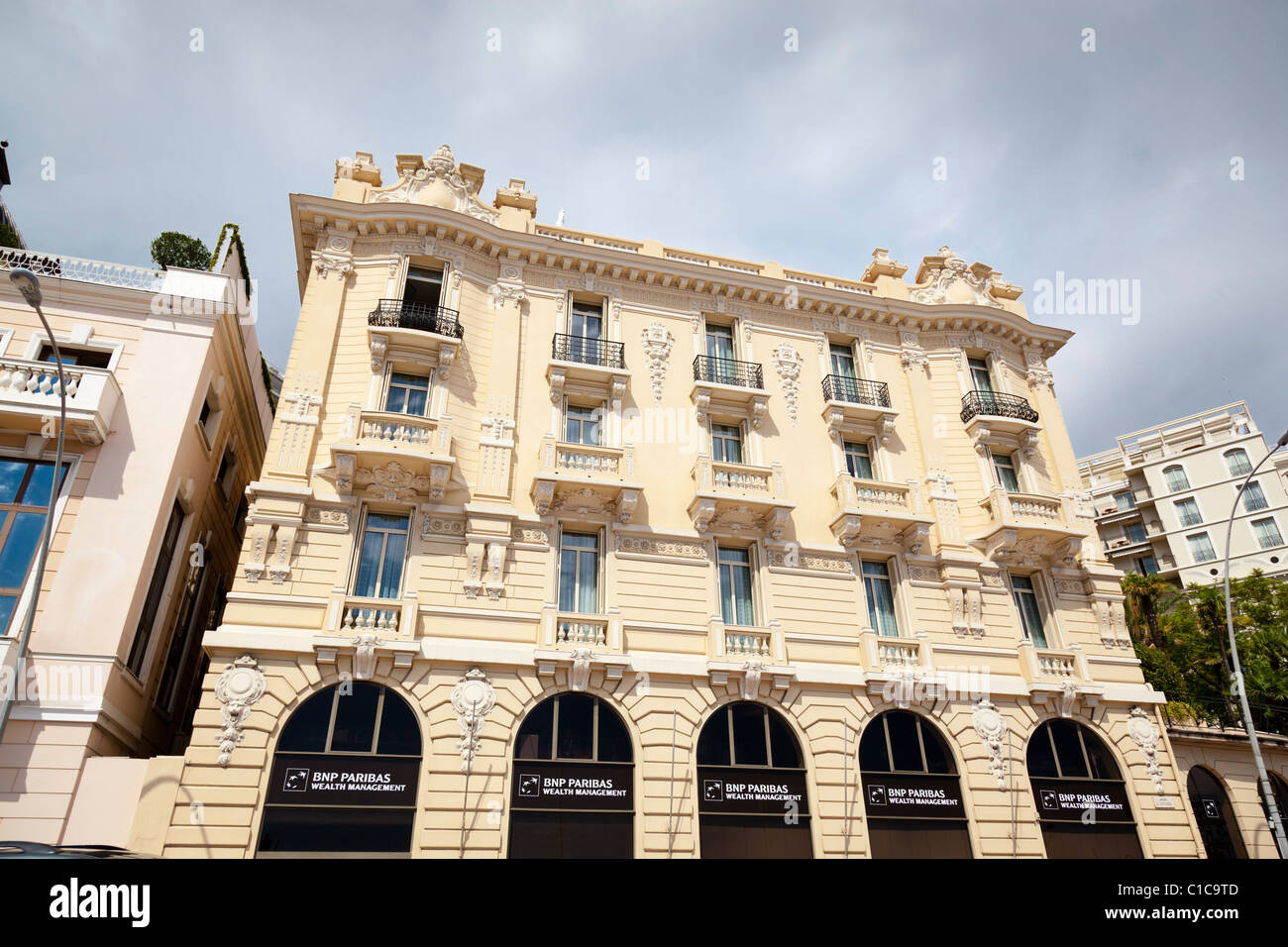 Ornate facade of the BNP Paribas wealth management building in Monaco. Stock Photo
