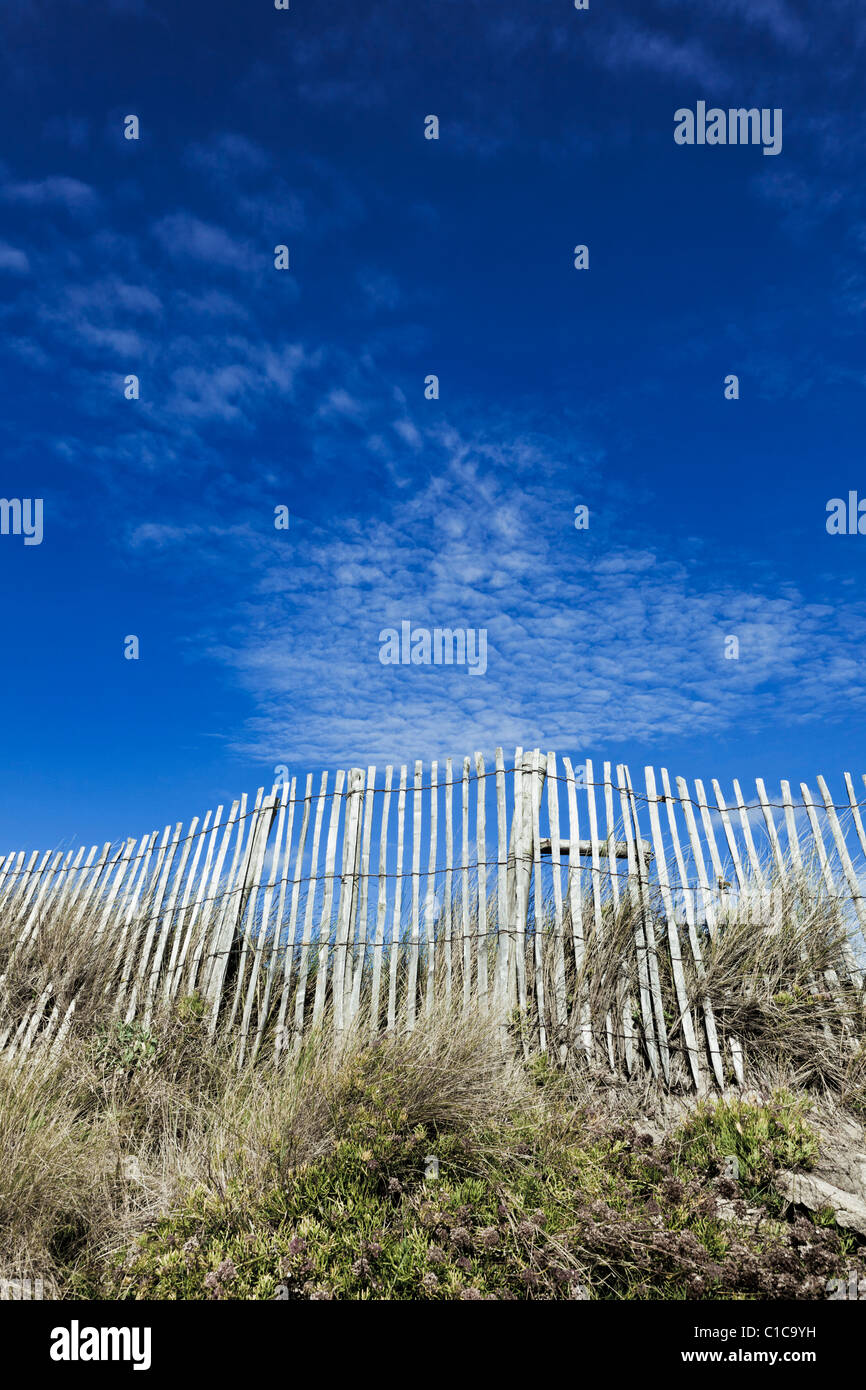Wooden picket fence on sand dune with blue sky, France, Europe Stock Photo