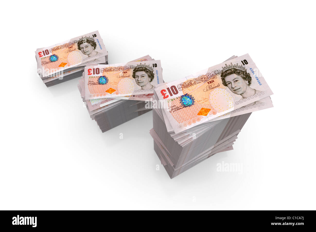 Money - Piles of Ten Pound Notes Sterling Stock Photo