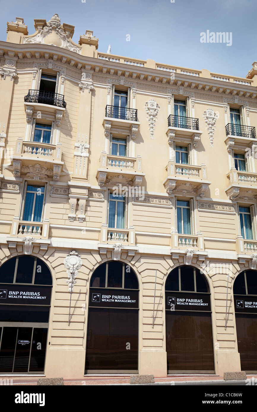 Ornate facade of the BNP Paribas wealth management building in Monaco. Stock Photo