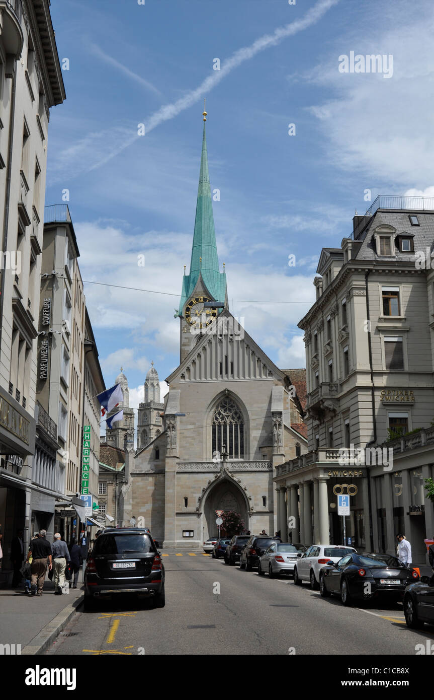 Poststrasse, Zurich, Switzerland, Europe with Spire of Fraumünster Cathedral Stock Photo