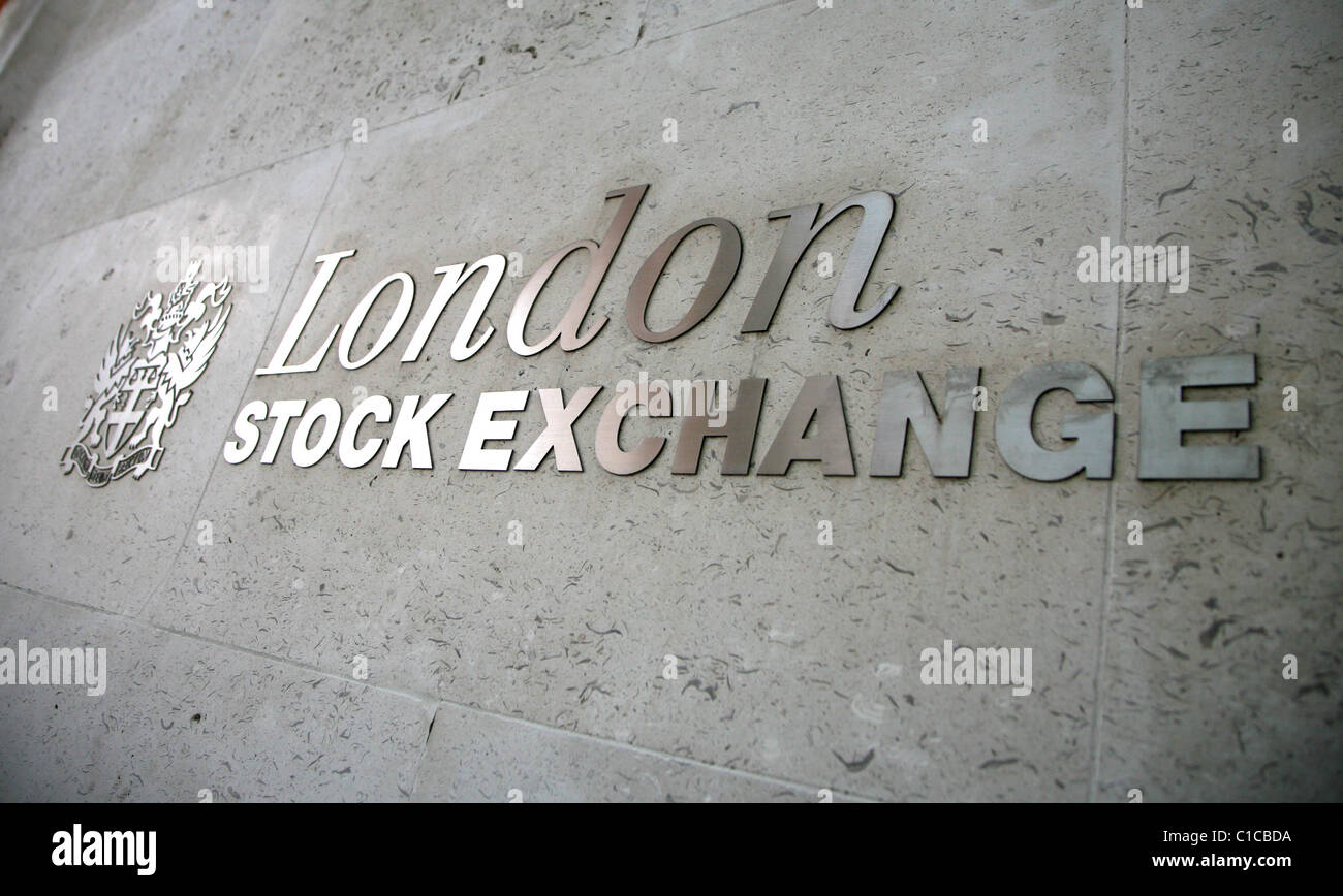 General View gv of a the sign at the London Stock Exchange in the City of London, England. Stock Photo