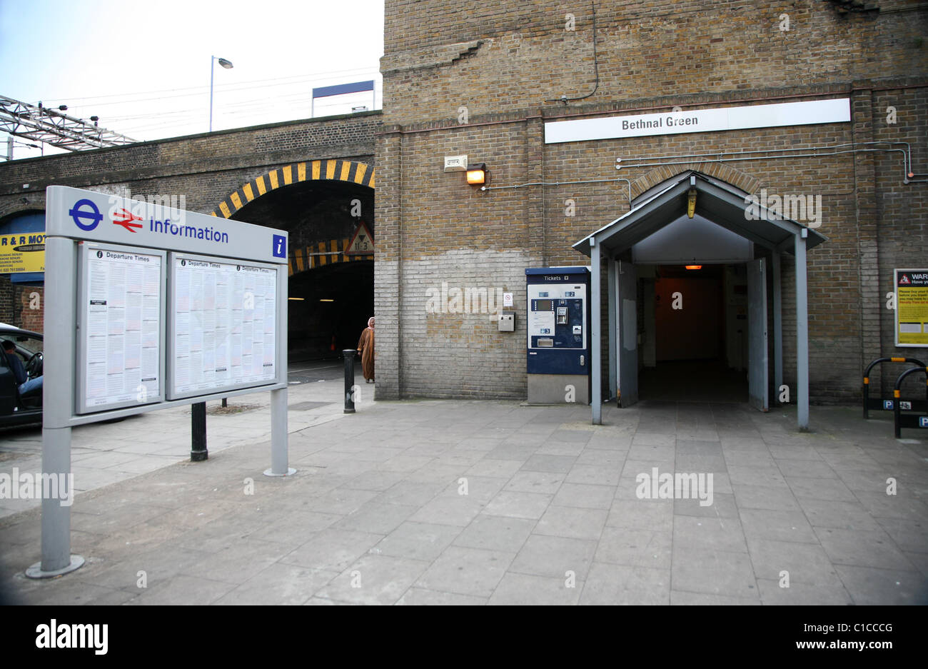 General View GV of the sign for Bethnal Green Railway station in London, England Stock Photo