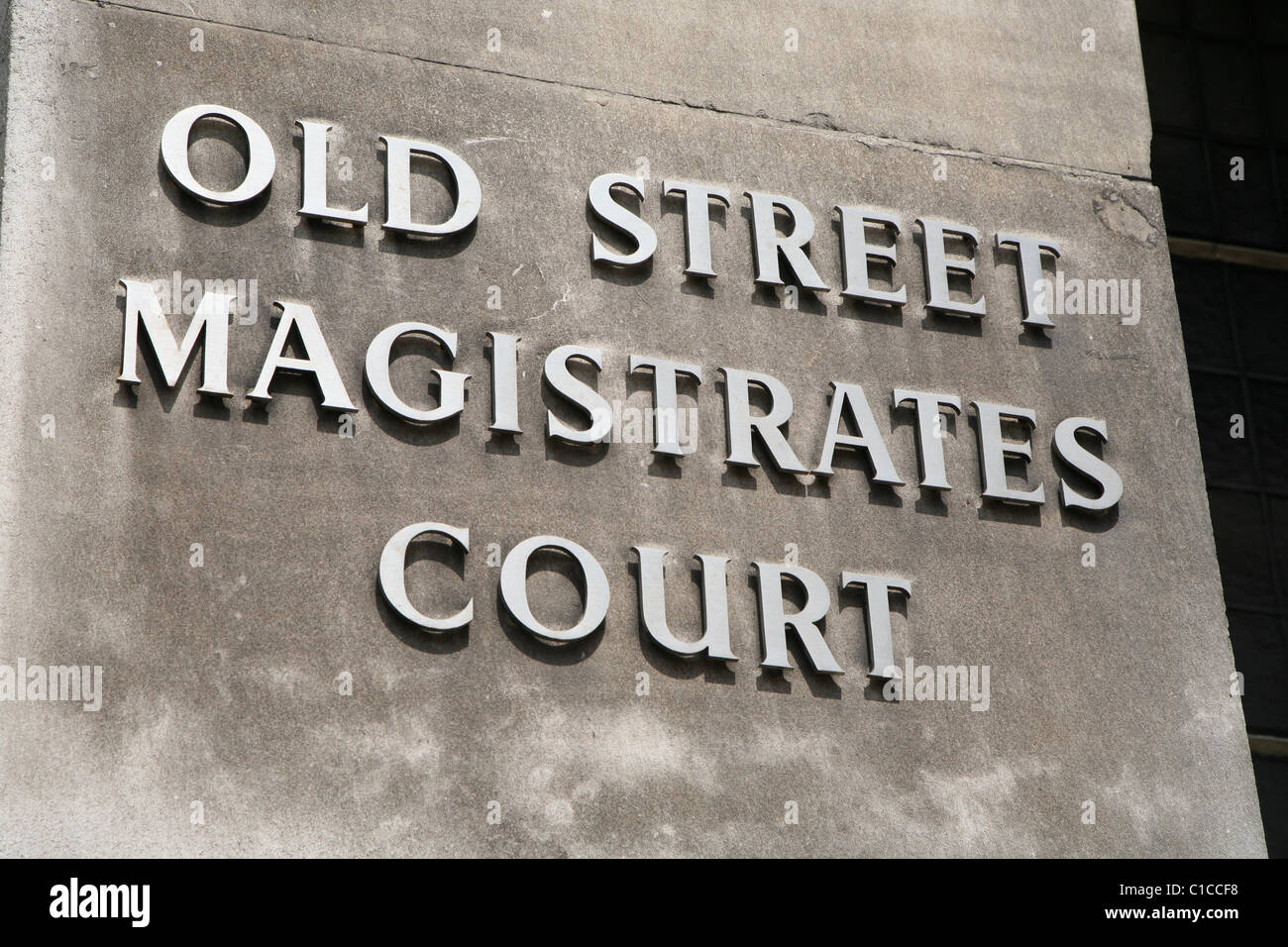 General View GV of the sign for the former Old Street Magistrates Court in London, England. Stock Photo
