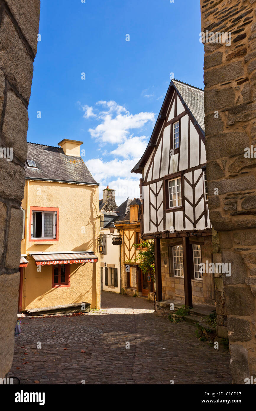 Medieval houses in a cobbled street in Rochefort en Terre, Morbihan, Brittany, France, Europe Stock Photo