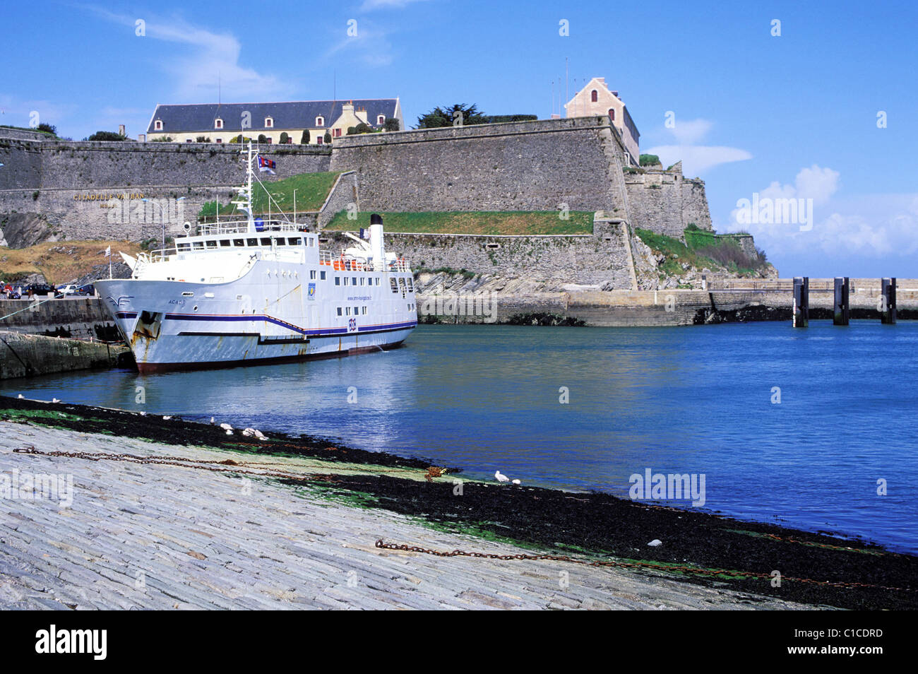 France, Morbihan, Belle Ile, Le Palais (main town of the Island), harbour, landing stage for the mainland Stock Photo