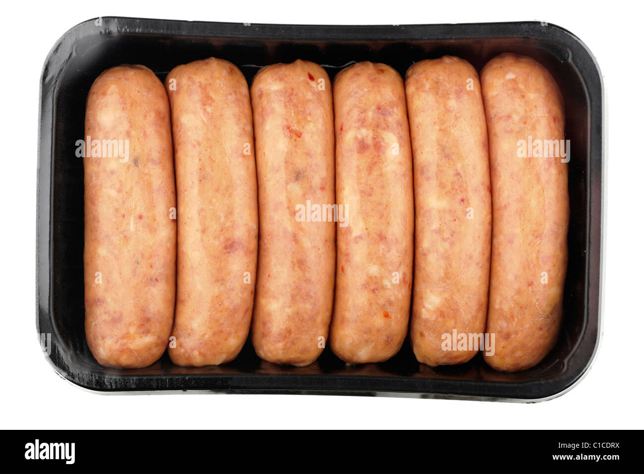 Six sweet chillie sausages in a plastic tray covered with clear cellophane wrapping Stock Photo