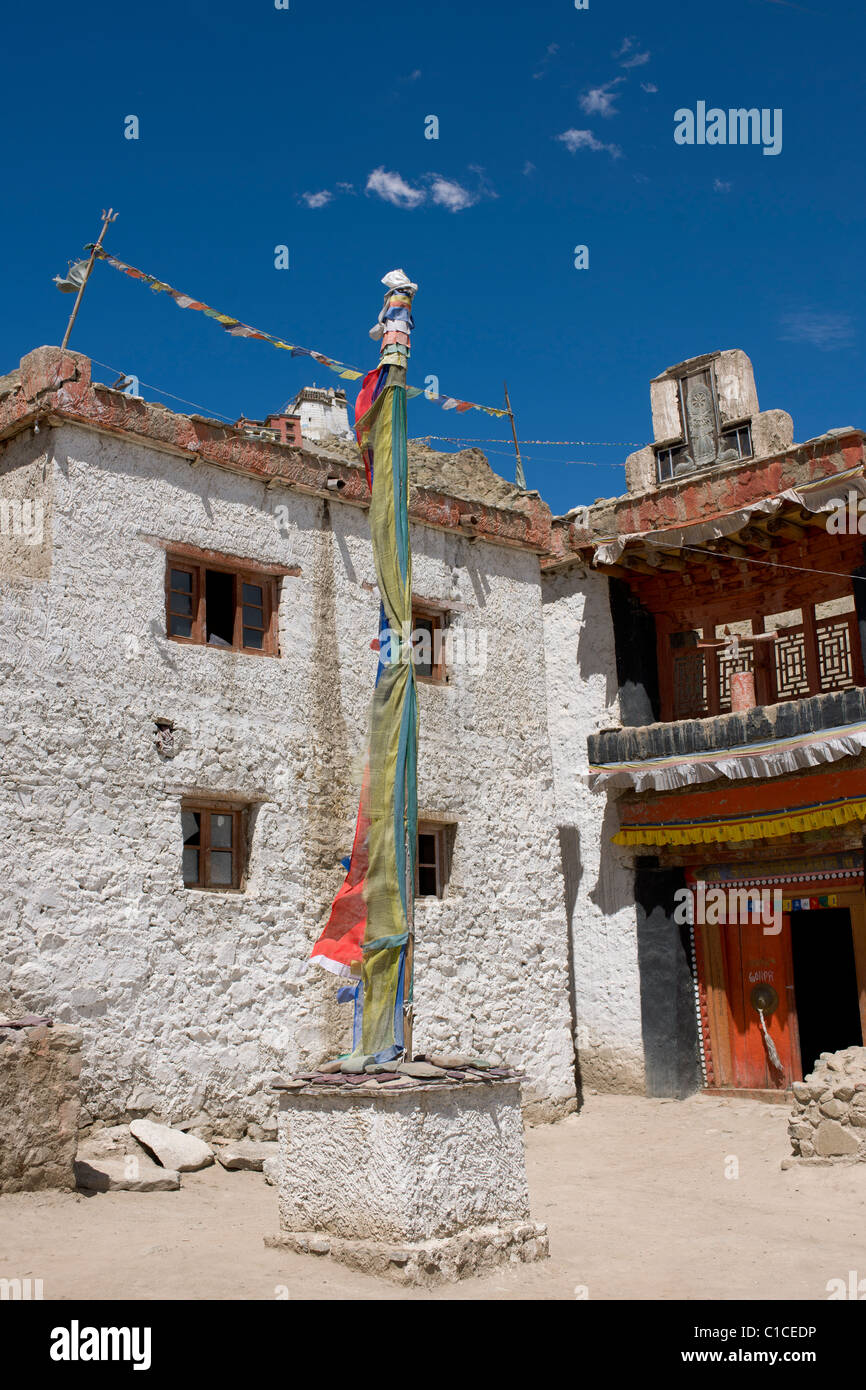 Prayer flag pole outside of Chenrezi Lhakhang, Leh, (Ladakh) Jammu & Kashmir, India Stock Photo