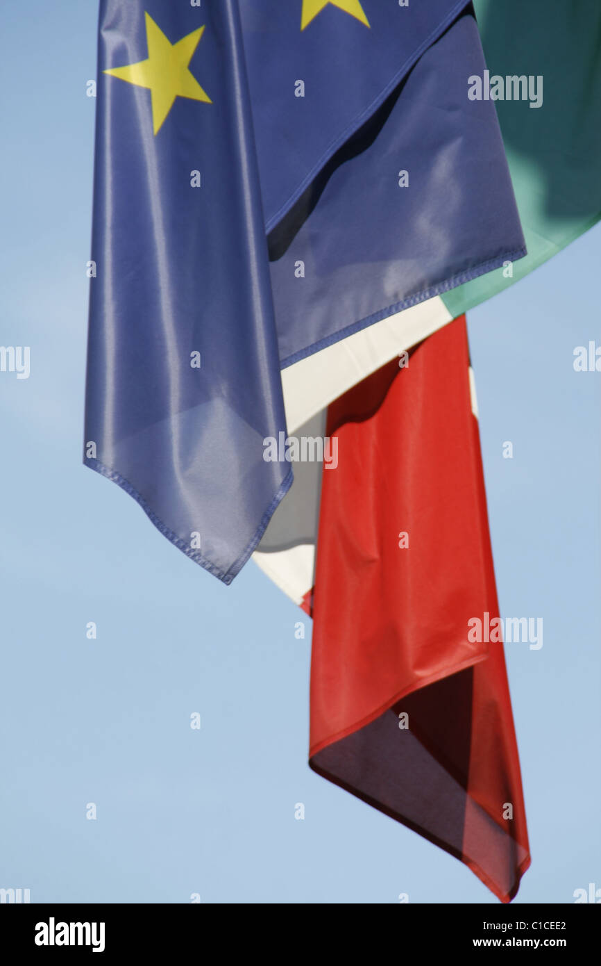 Close Up Of Hanging Europe Union And Italian Flags Rome Stock