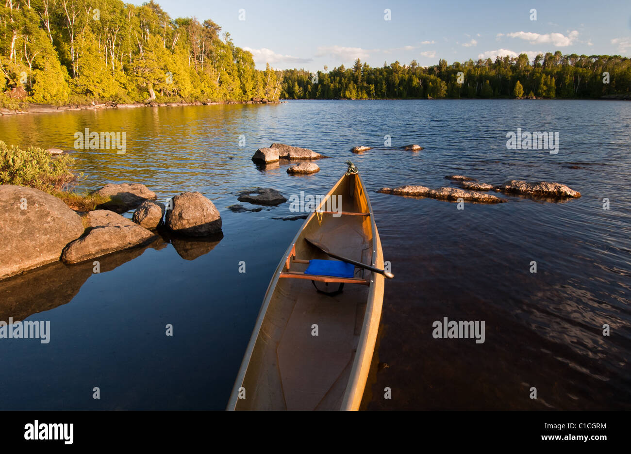 A solo canoe on Lake Alice in the Boundary Waters Canoe Area Wilderness, Minnesota, USA. Stock Photo