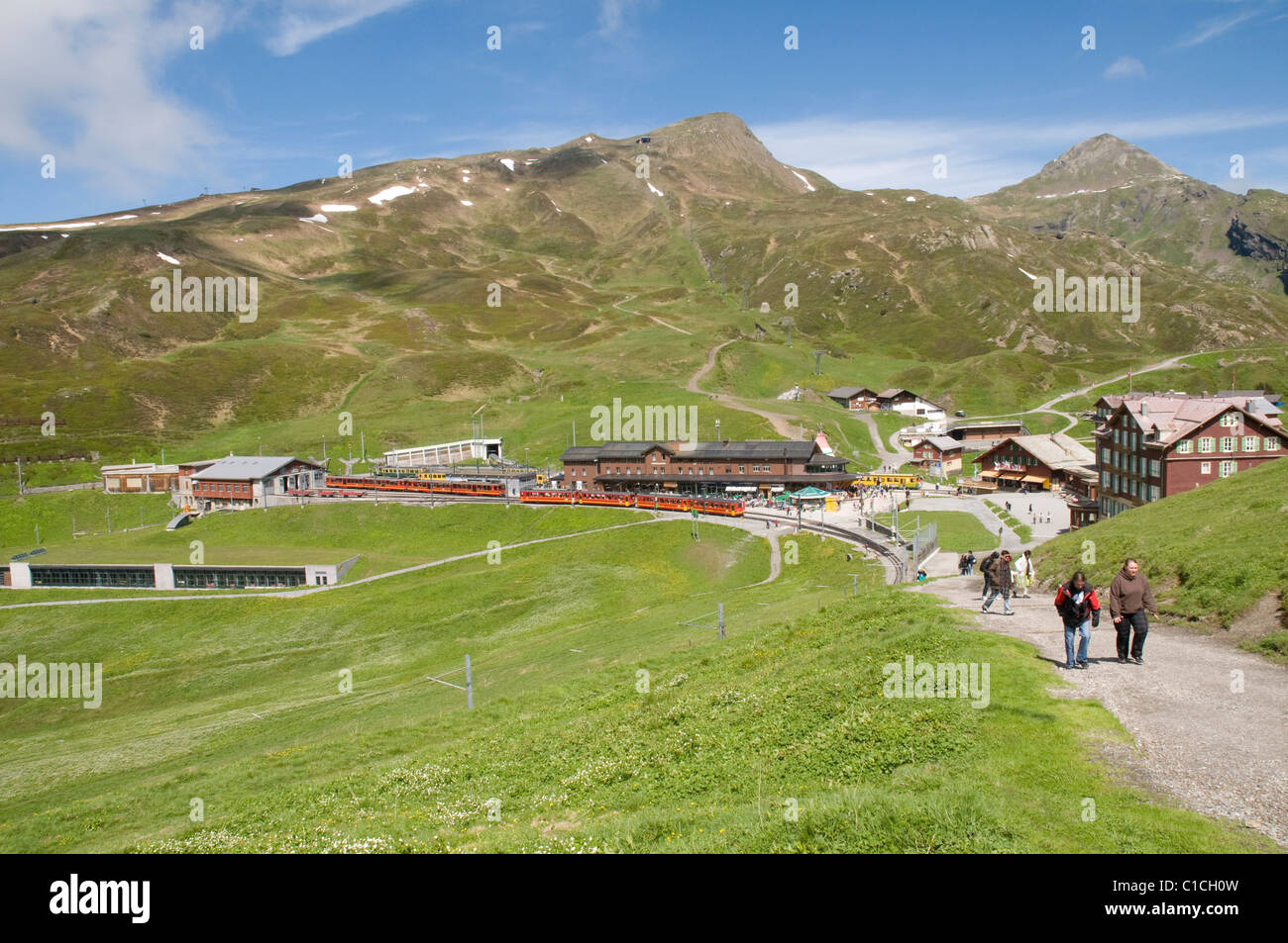 Scene at Kleine Scheidegg in the Swiss Alps, with the Lauberhorn and Tschuggen peak behind Stock Photo