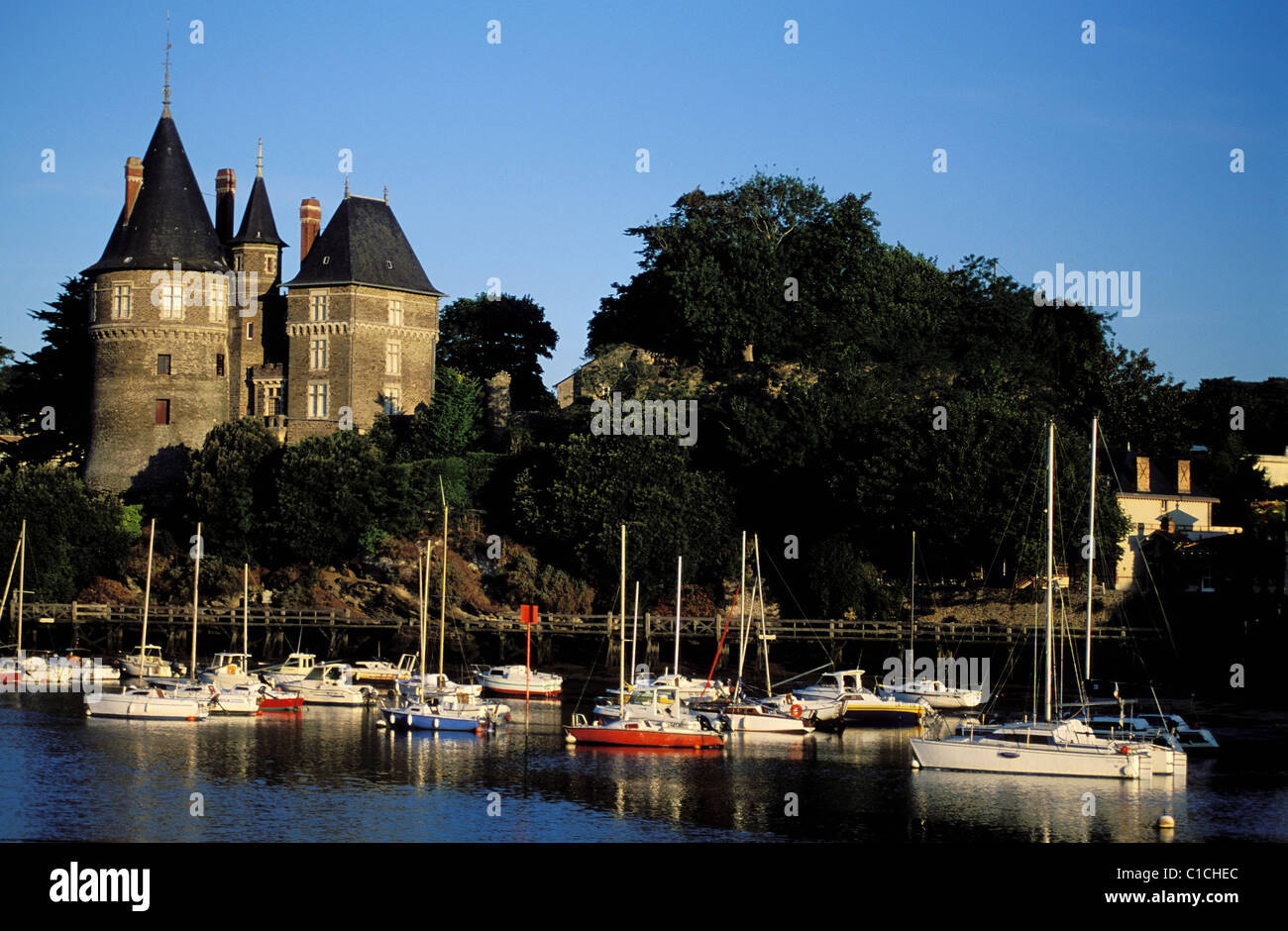 France, Loire Atlantique, Pornic, yachting harbour and the 13th and 14th centuries castle owned by Gilles de Rais Stock Photo