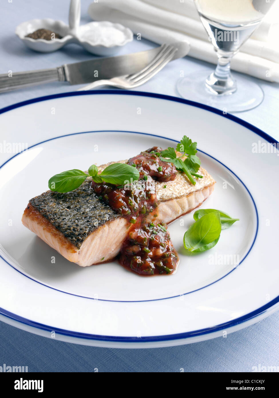 Marco Pierre White recipe salmon fillet with tomato sauce and herbs Stock  Photo - Alamy