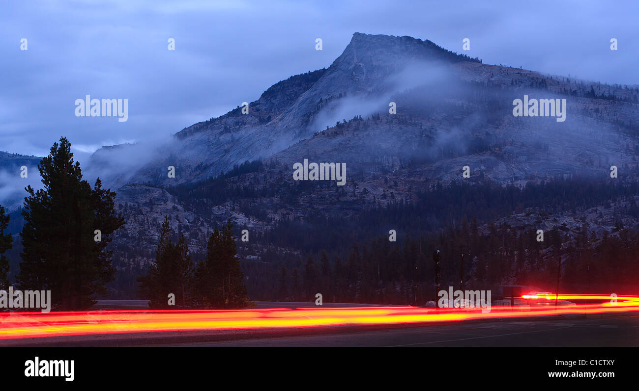 Car taillights, Highway 120 Tioga Pass, Yosemite National Park, California, USA. Stock Photo