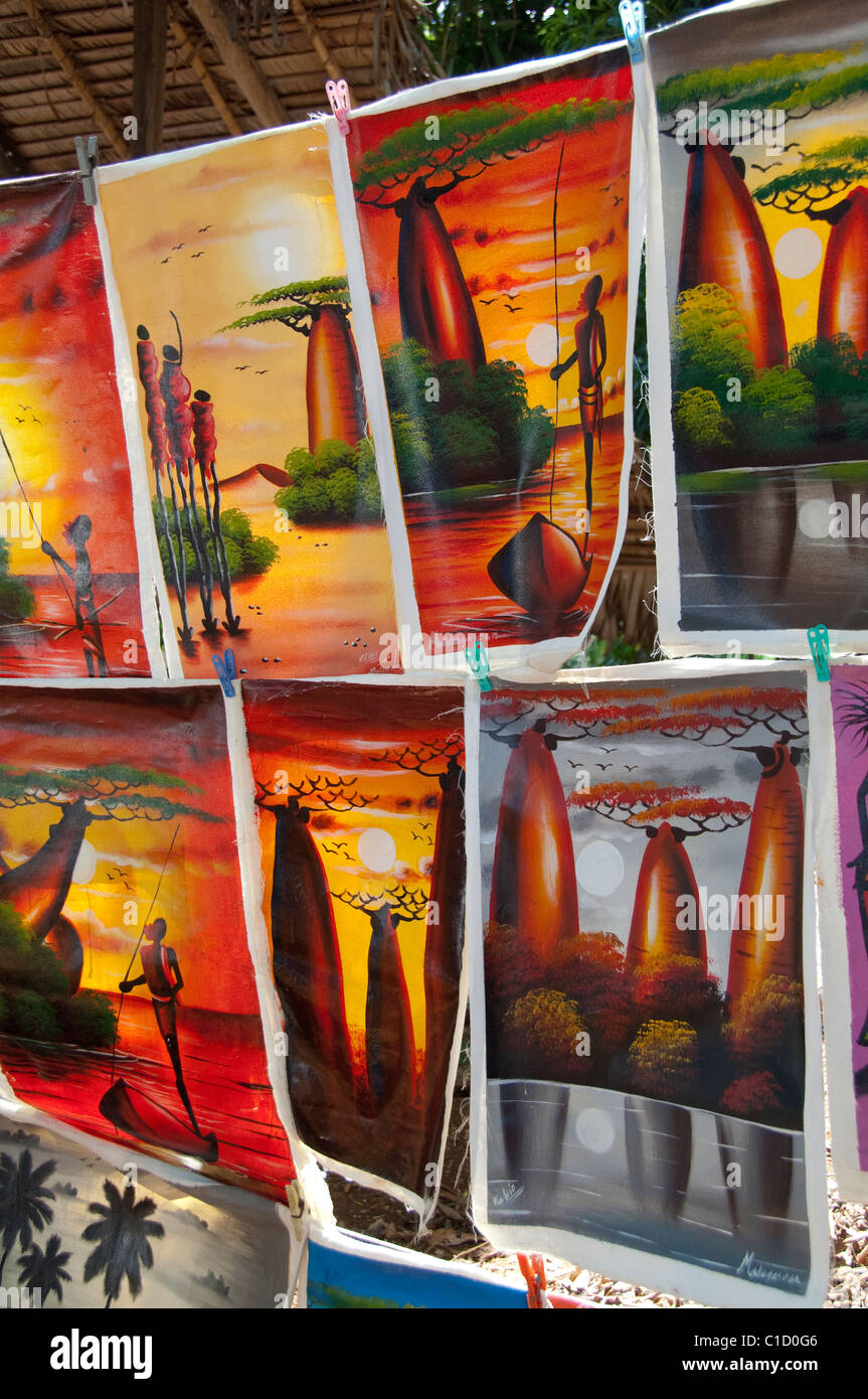 Madagascar, Island of Nosy Komba (next to Nosy Be) fishing village of Ampangoriana. Local village paintings. Stock Photo