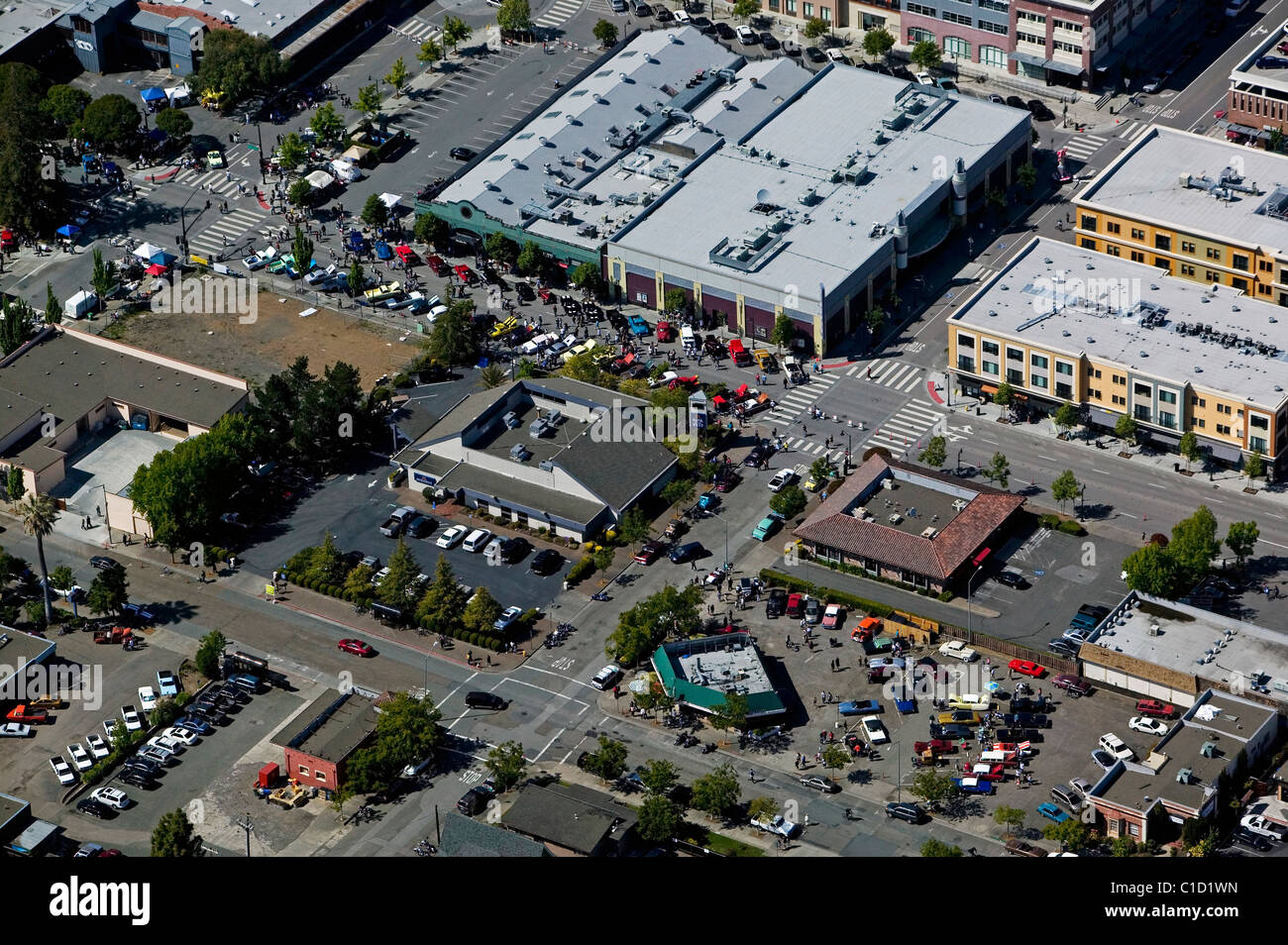 aerial view above vintage car show Petaluma California Stock Photo