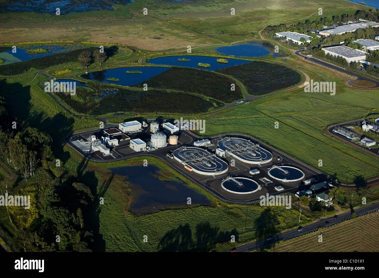 aerial view above Ellis Creek Water Recycling Facility Petaluma California Stock Photo