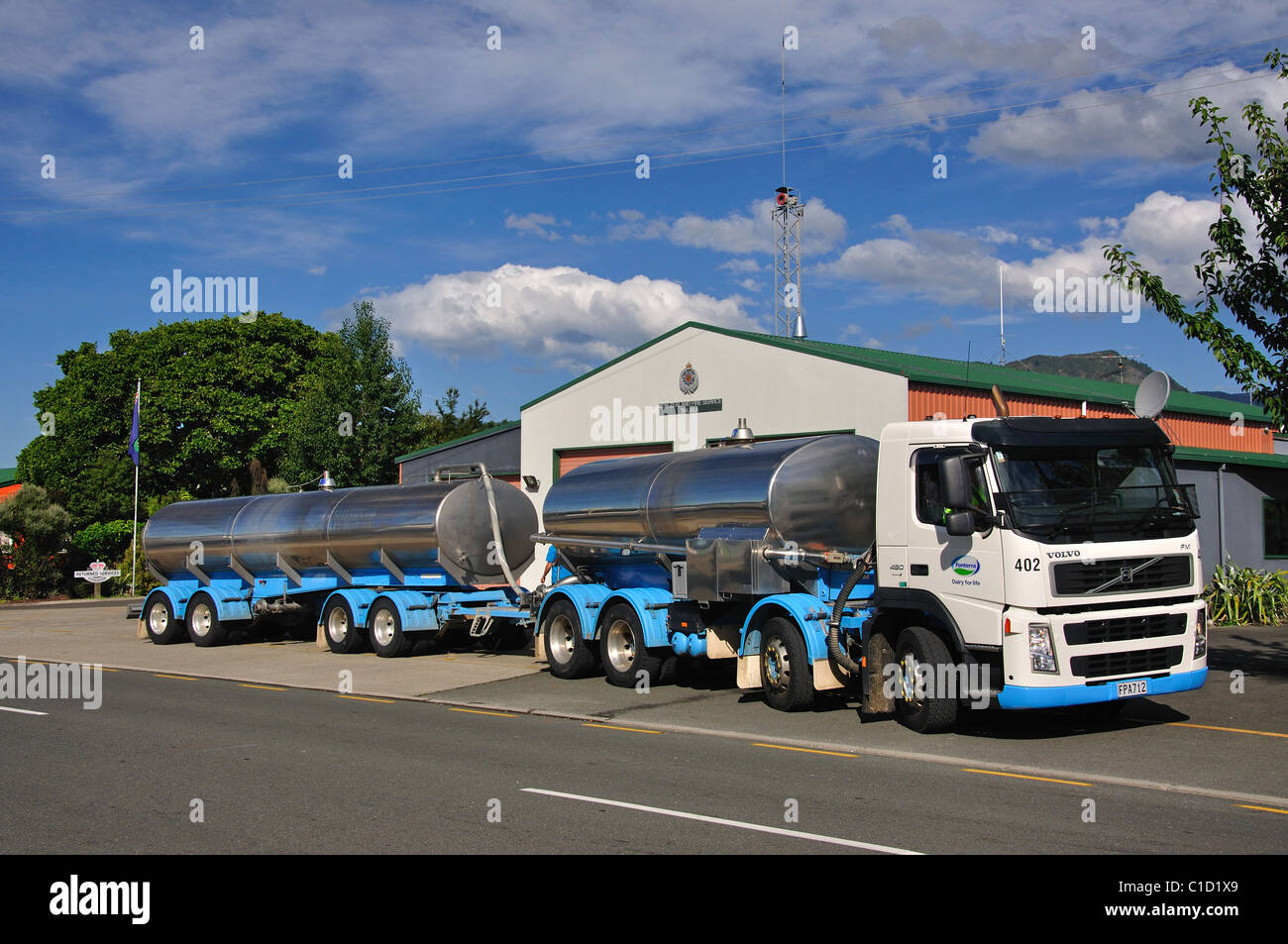 Fontera milk tanker, Takaka, Golden Bay, Tasman Region, South Island, New Zealand Stock Photo