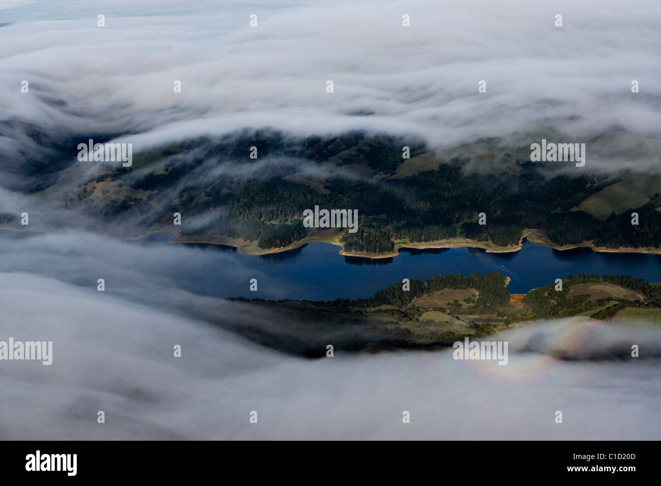 aerial view above fog Crystal Springs reservoir San Mateo county California Stock Photo
