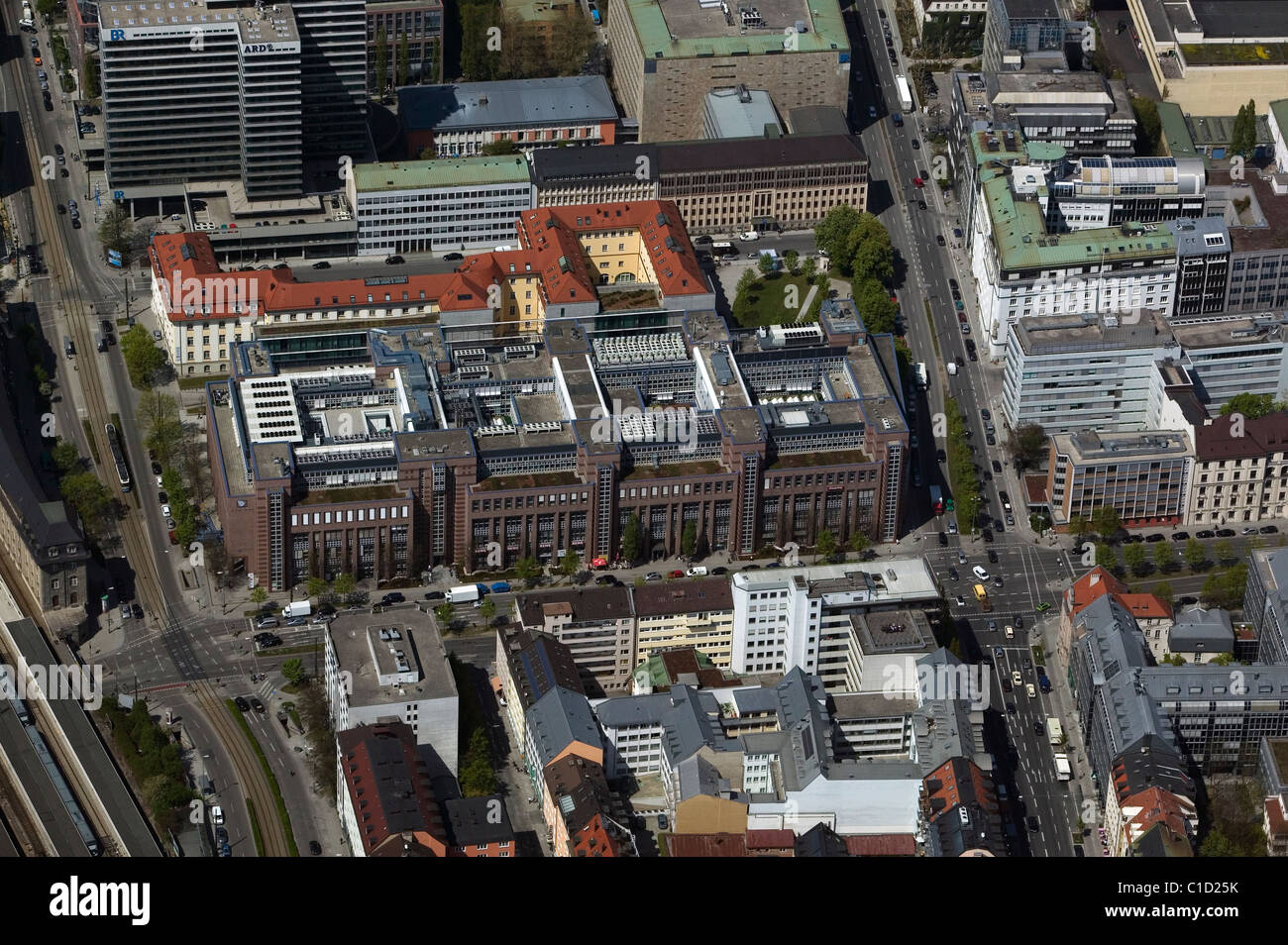 aerial view above media offices ARD Bayrischer Rundfunk television broadcasting Abendzeitung newspaper Munich Germany Stock Photo