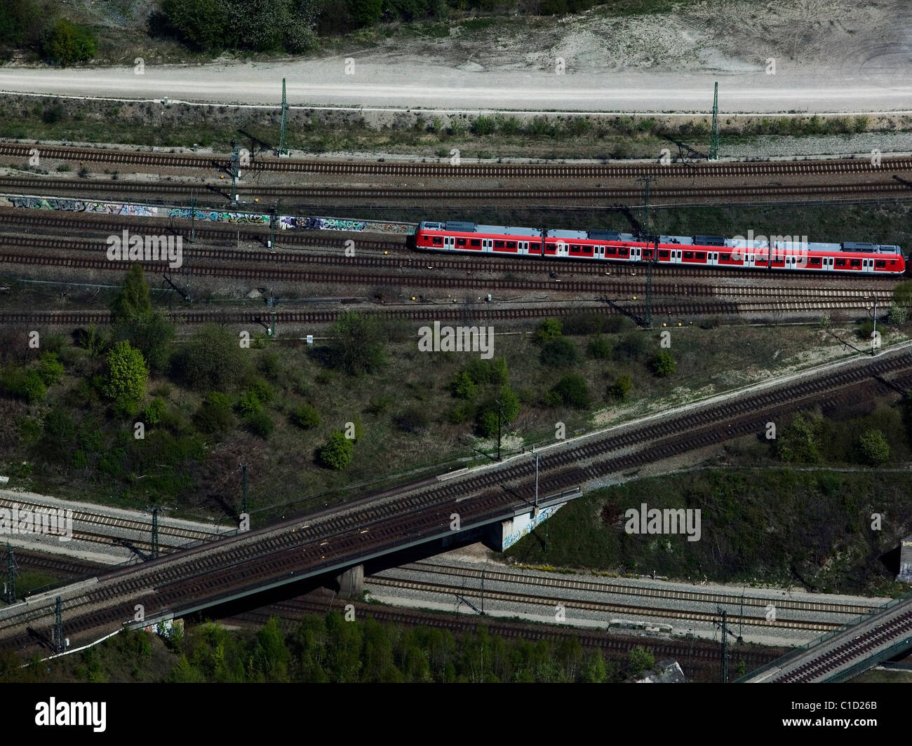 aerial view above Deutsche Bahn passenger train rail road tracks near central station Munich Germany Stock Photo