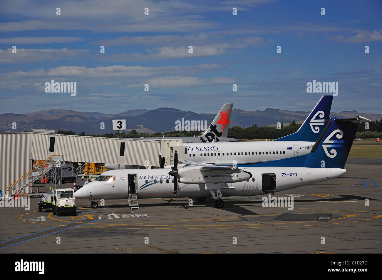 Air NZ aircraft on tarmac, Domestic Terminal, Christchurch Airport, Christchurch, Canterbury Region, South Island, New Zealand Stock Photo