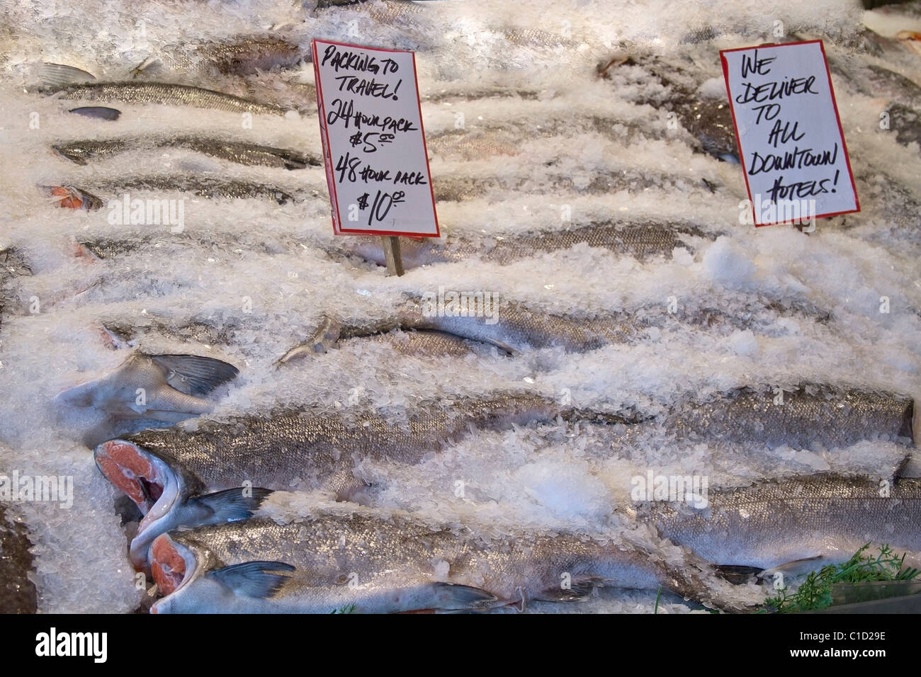 Fresh Wild Salmon on Ice at Pike Place Public Market Stock Photo - Alamy