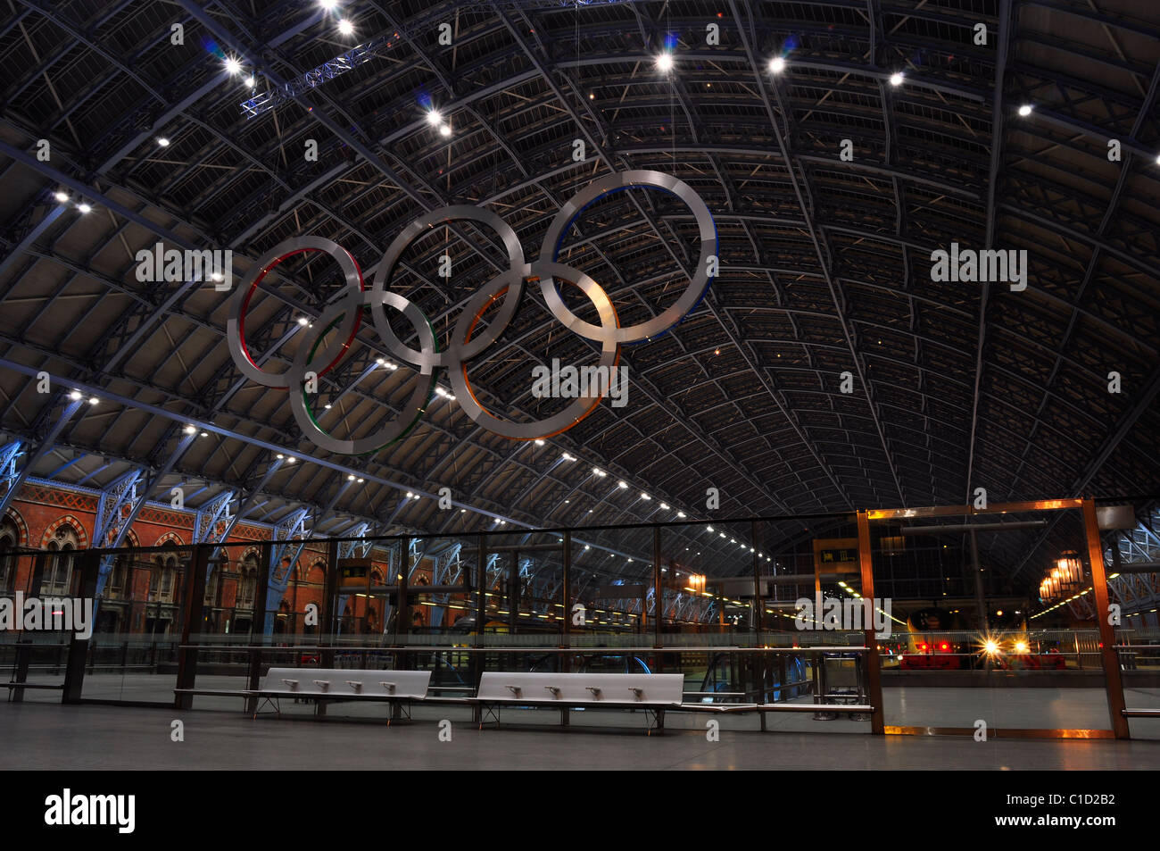 St. Pancras Railway station with Olympic Rings Stock Photo
