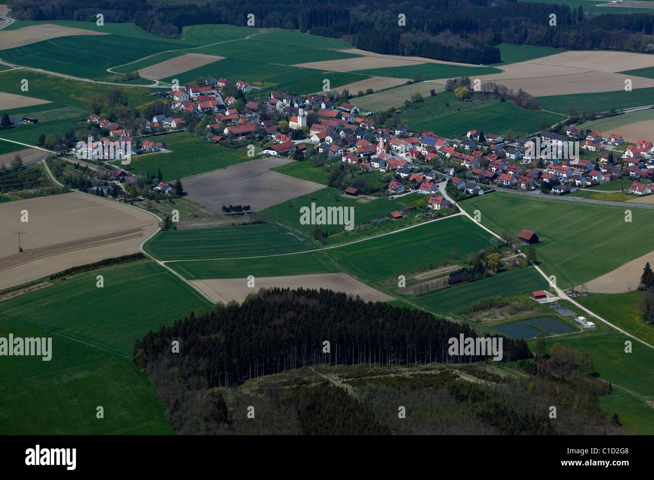 aerial view above small Bavarian town Germany Stock Photo