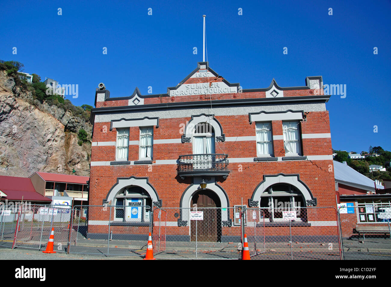 Historic building damaged from 22nd Feb. 2011 earthquake, Sumner, Christchurch, Canterbury, South Island, New Zealand Stock Photo