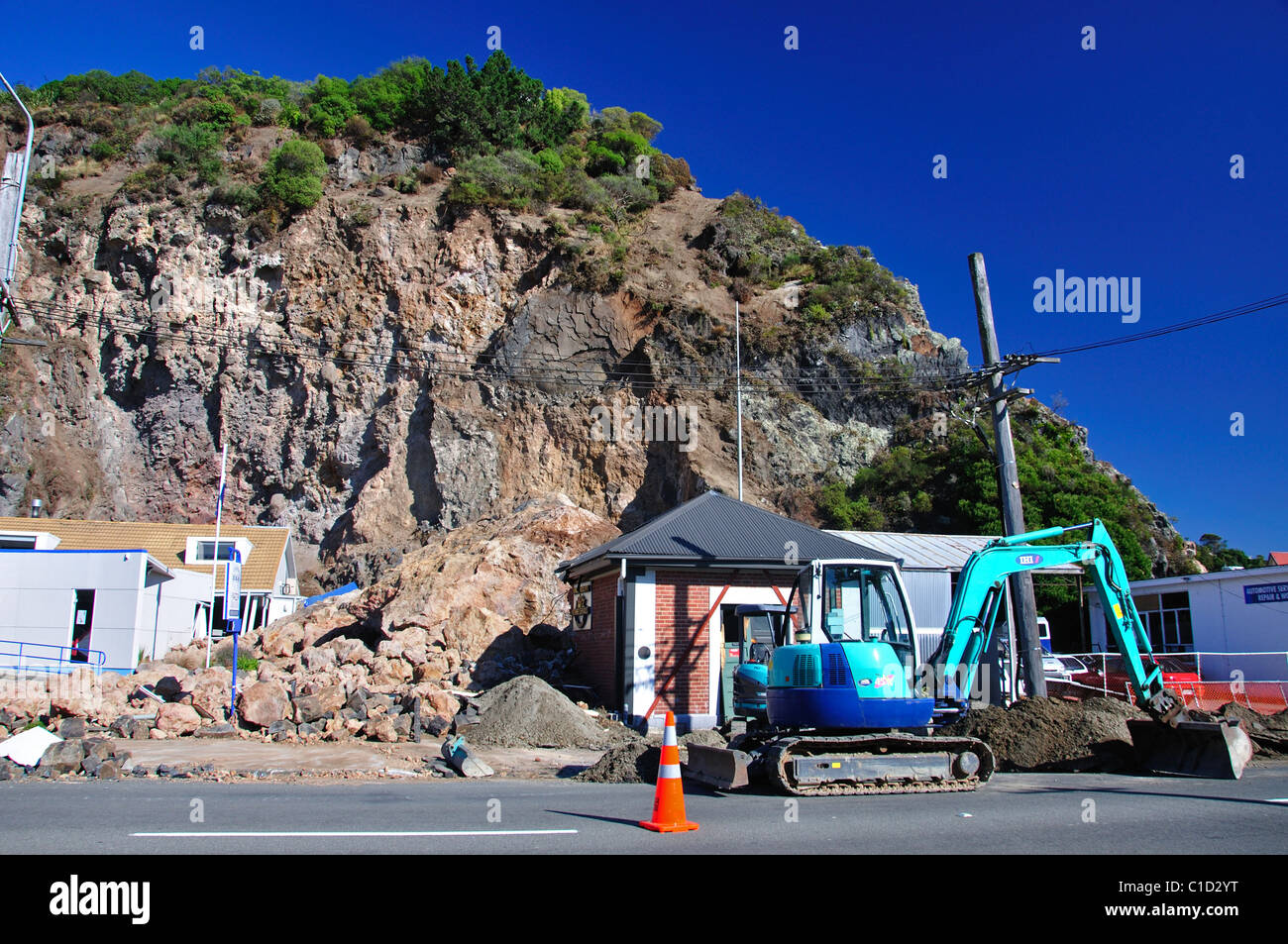 Building damaged from rock fall from 22nd Feb. 2011 earthquake, Sumner, Christchurch, Canterbury, South Island, New Zealand Stock Photo