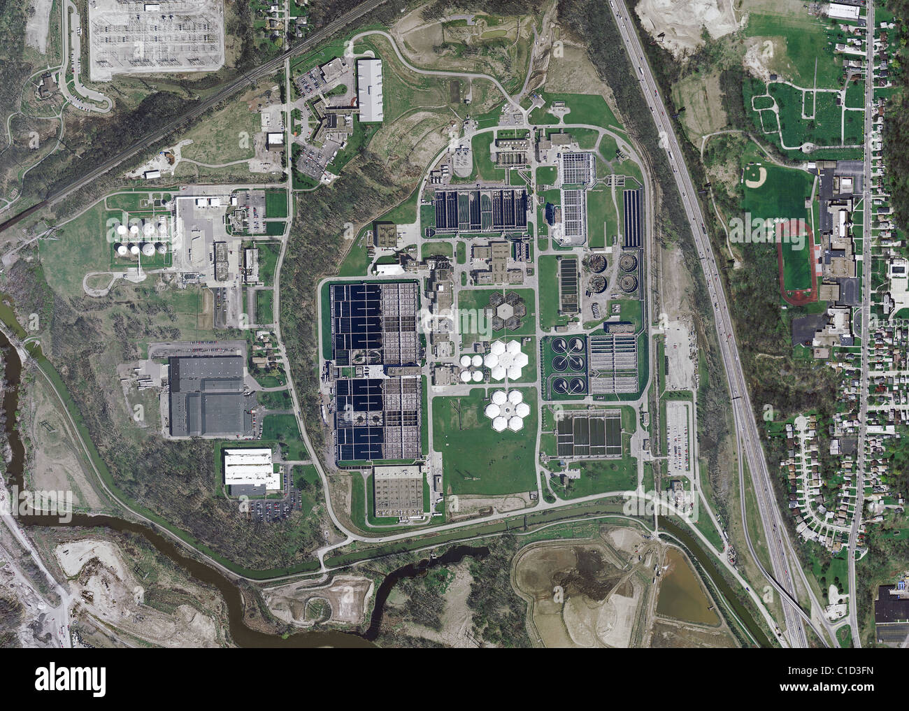 aerial view above Northeast Ohio Regional Sewer District Southerly Wastewater Treatment Plant Cuyahoga Heights Cleveland Ohio Stock Photo