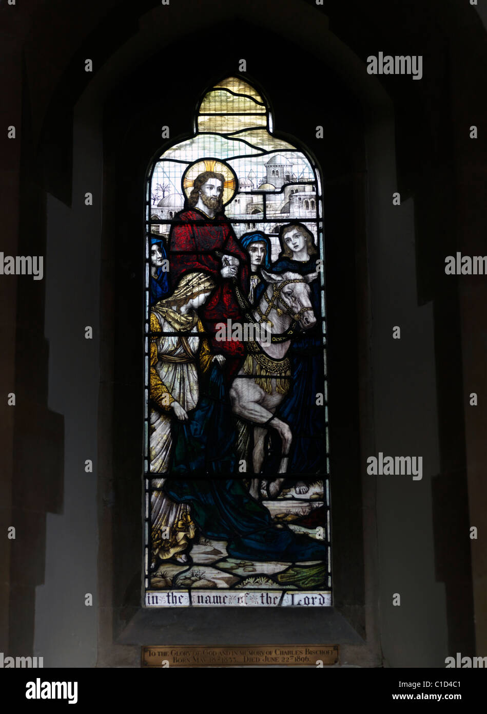 Epsom Surrey England Christchurch Stained Glass Window Of Jesus Christ Entering the city Of Jerusalem Stock Photo