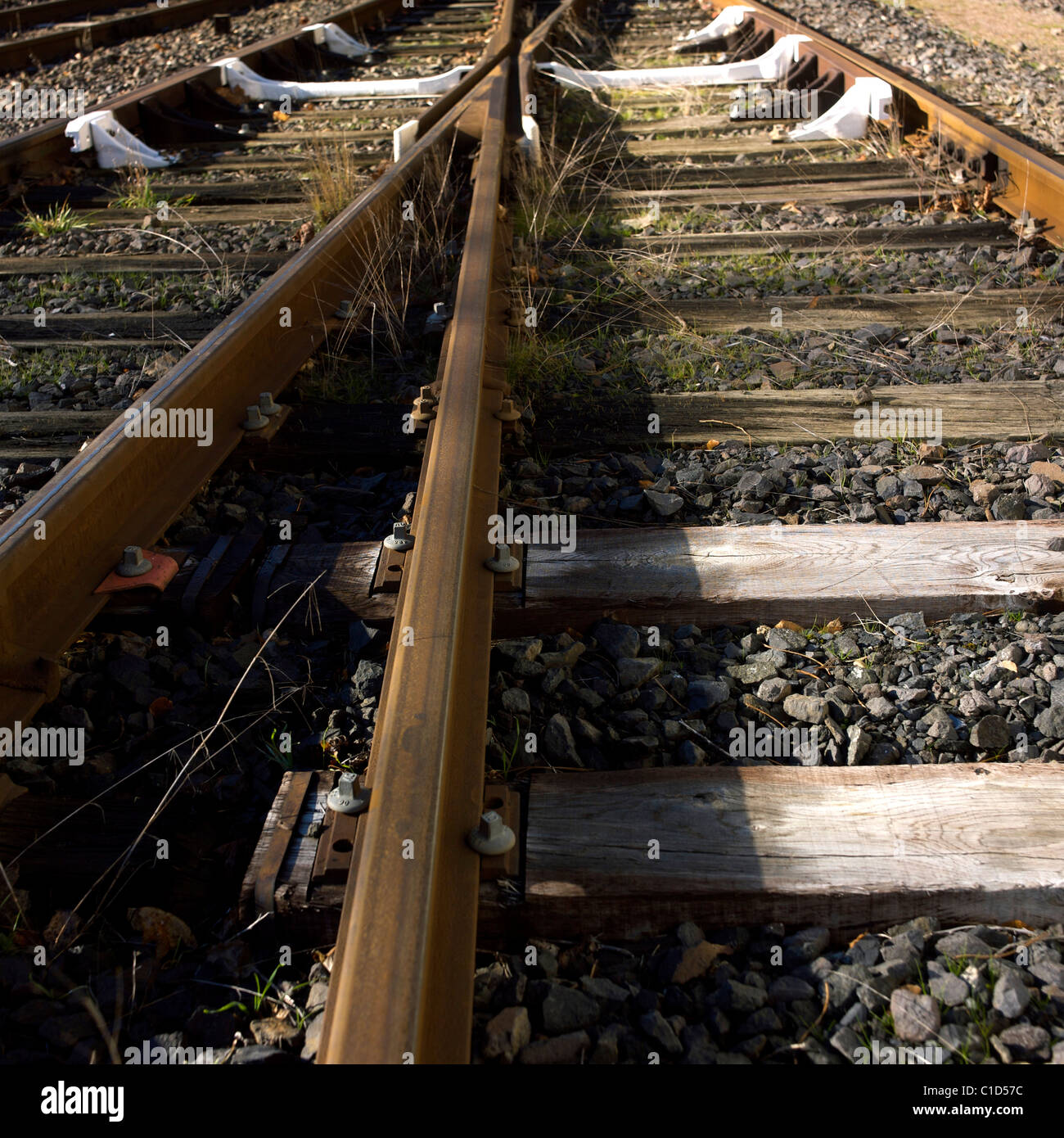 Railway track train tracks close up Stock Photo