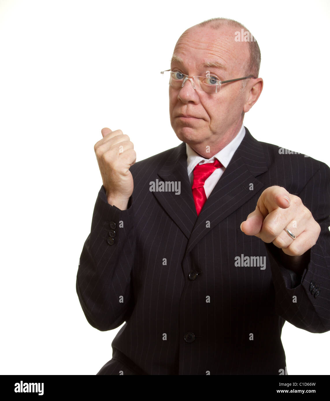 Expressive senior businessman isolated on white you're fired concept Stock Photo